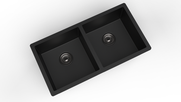 Carysil Quartz Dolce UK Series Double Bowl Kitchen Sink with 50 ml Cleaning Kit, Real Stone Finish, 304 Stainless Steel Coupling, Kitchen Sink with Sloping Drain, Noise Reduction Design, 34x18x8 inches, Pearl Black