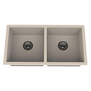 Carysil Quartz Dolce UK Series Double Bowl Kitchen Sink, Real Stone Finish, 304 Stainless Steel Coupling, Kitchen Sink with Sloping Drain, Noise Reduction Design, 34x18x8 inches, Cream
