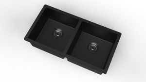 Carysil Quartz Dolce UK Series Double Bowl Kitchen Sink with 50 ml Cleaning Kit, Real Stone Finish, 304 Stainless Steel Coupling, Kitchen Sink with Sloping Drain, Noise Reduction Design, 34x18x8 inches, Pearl Black
