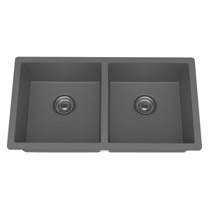 Carysil Quartz Dolce UK Series Double Bowl Kitchen Sink, Real Stone Finish, 304 Stainless Steel Coupling, Kitchen Sink with Sloping Drain, Noise Reduction Design, 34x18x8 inches, Whisper Grey