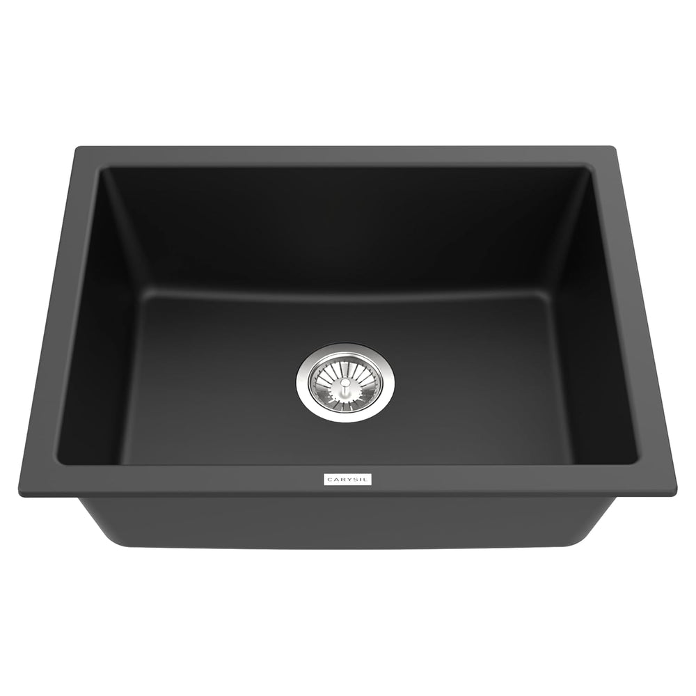 Carysil Quartz Titanium Max Plus Series Single Bowl Kitchen Sink, Real Stone Finish, 304 Stainless Steel Coupling, Kitchen Sink with Sloping Drain, Noise Reduction Design, 24x18x8 inches, Nera