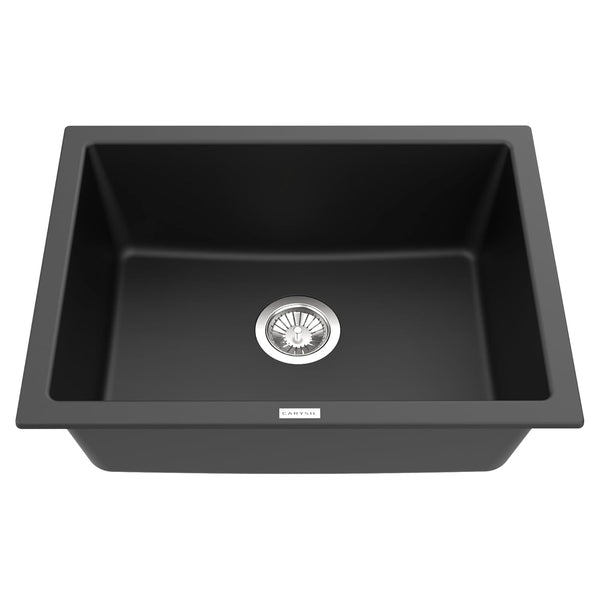 Carysil Quartz Titanium Max Plus Series Single Bowl Kitchen Sink, Real Stone Finish, 304 Stainless Steel Coupling, Kitchen Sink with Sloping Drain, Noise Reduction Design, 24x18x8 inches, Nera
