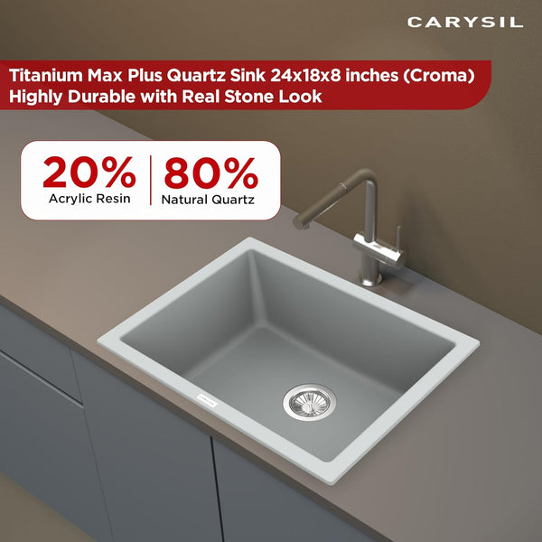 Carysil Quartz Titanium Max Plus Series Single Bowl Kitchen Sink, Real Stone Finish, 304 Stainless Steel Coupling, Kitchen Sink with Sloping Drain, Noise Reduction Design, 24x18x8 inches, Croma