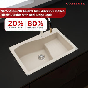 Carysil Quartz New Ascend Single Bowl Kitchen Sink, Real Stone Finish, 304 Stainless Steel Coupling, Kitchen Sink with Sloping Drain, Noise Reduction Design, 34x20x8 inches, Cream