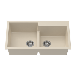 Carysil Quartz Tip Toe N 200 Double Bowl Kitchen Sink, Real Stone Finish, 304 Stainless Steel Coupling, Kitchen Sink with Sloping Drain, Noise Reduction Design, 34x20x8 inches, Cream