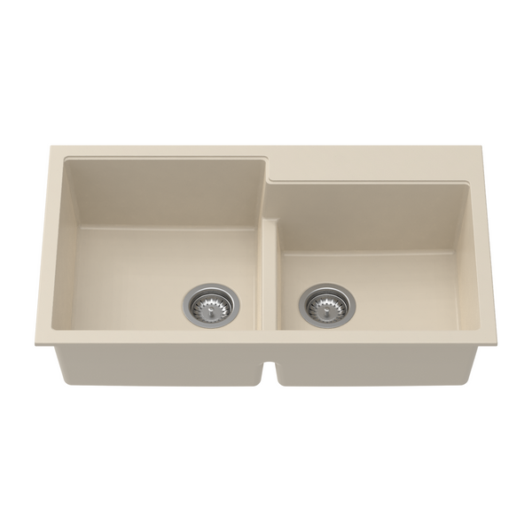 Carysil Quartz Tip Toe N 200 Double Bowl Kitchen Sink, Real Stone Finish, 304 Stainless Steel Coupling, Kitchen Sink with Sloping Drain, Noise Reduction Design, 34x20x8 inches, Cream