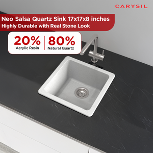 Carysil Quartz Neo Salsa Single Bowl Kitchen Sink, Real Stone Finish, 304 Stainless Steel Coupling, Kitchen Sink with Sloping Drain, Noise Reduction Design, 17x17x8 inches, Arena