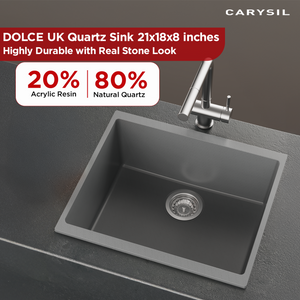 Carysil Quartz Dolce UK Series Single Bowl Kitchen Sink, Real Stone Finish, 304 Stainless Steel Coupling, Kitchen Sink with Sloping Drain, Noise Reduction Design, 21x18x8 inches, Whisper Grey