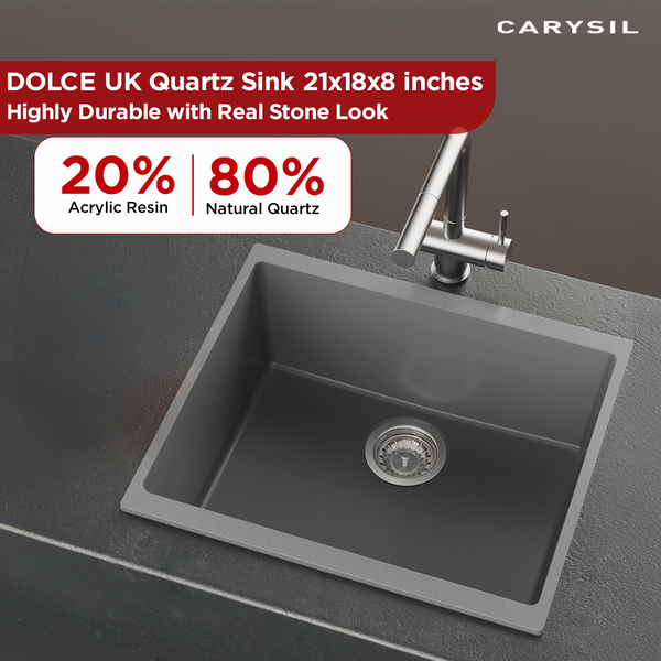 Carysil Quartz Dolce UK Series Single Bowl Kitchen Sink, Real Stone Finish, 304 Stainless Steel Coupling, Kitchen Sink with Sloping Drain, Noise Reduction Design, 21x18x8 inches, Whisper Grey