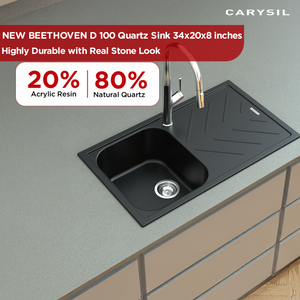 Carysil Quartz New Beethoven D 100 Single Bowl Kitchen Sink with Drainboard, Real Stone Finish, 304 Stainless Steel Coupling, Kitchen Sink with Sloping Drain, Noise Reduction Design, 34x20x8 inches, Pearl Black