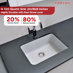 Carysil Quartz Q 320 Grande Single Bowl Kitchen Sink, Real Stone Finish, 304 Stainless Steel Coupling, Kitchen Sink with Sloping Drain, Noise Reduction Design, 24x18x8 inches, Arena