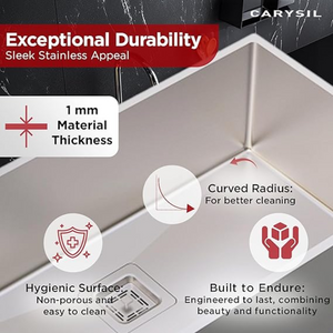 Carysil Micro Radius R10 Series Single Bowl Kitchen Sink, Stainless Steel Kitchen Sink, 10mm Corner Radius, 304 Stainless Steel Coupling, Noise Reduction Design, Deep Bowl with Sloping Drain, 21x17x8 inches, Satin Finish