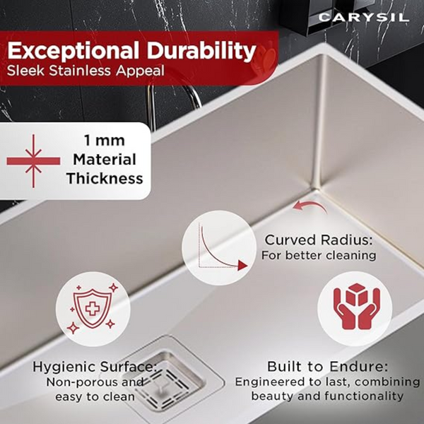 Carysil Micro Radius R10 Series Single Bowl Kitchen Sink, Stainless Steel Kitchen Sink, 10mm Corner Radius, 304 Stainless Steel Coupling, Noise Reduction Design, Deep Bowl with Sloping Drain, 21x17x8 inches, Satin Finish