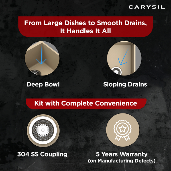 Carysil Quartz Dolce UK Series Double Bowl Kitchen Sink with 50 ml Cleaning Kit, Real Stone Finish, 304 Stainless Steel Coupling, Kitchen Sink with Sloping Drain, Noise Reduction Design, 34x18x8 inches, Pearl Black