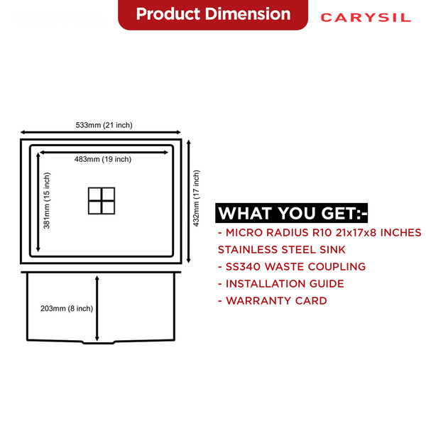 Carysil Micro Radius R10 Series Single Bowl Kitchen Sink, Stainless Steel Kitchen Sink, 10mm Corner Radius, 304 Stainless Steel Coupling, Noise Reduction Design, Deep Bowl with Sloping Drain, 21x17x8 inches, Satin Finish