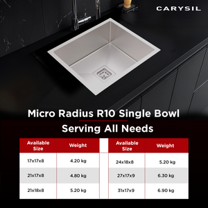 Carysil Micro Radius R10 Series Single Bowl Kitchen Sink, Stainless Steel Kitchen Sink, 10mm Corner Radius, 304 Stainless Steel Coupling, Noise Reduction Design, Deep Bowl with Sloping Drain, 21x17x8 inches, Satin Finish