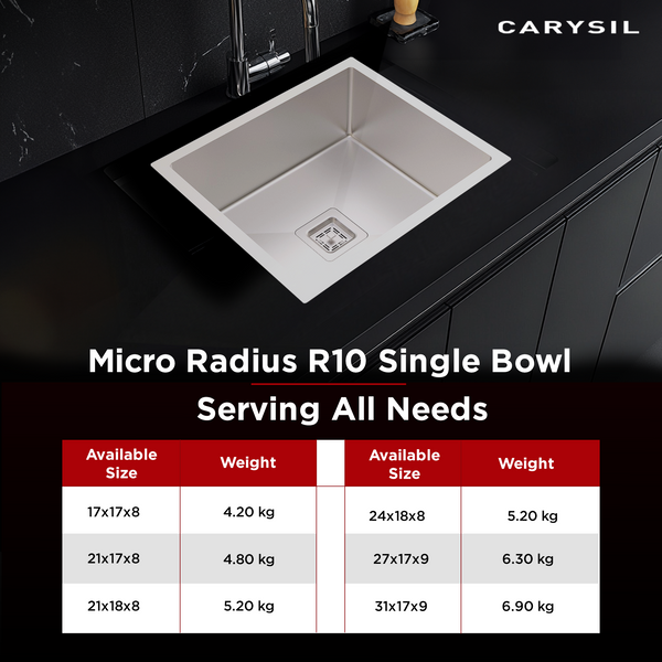 Carysil Micro Radius R10 Series Single Bowl Kitchen Sink, Stainless Steel Kitchen Sink, 10mm Corner Radius, 304 Stainless Steel Coupling, Noise Reduction Design, Deep Bowl with Sloping Drain, 21x17x8 inches, Satin Finish