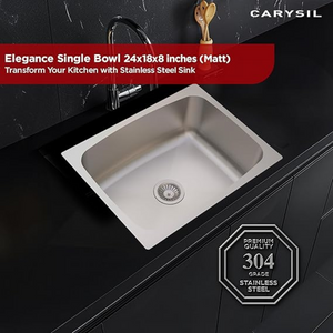 Carysil Elegance Series Single Bowl Kitchen Sink, Stainless Steel Kitchen Sink, 304 Stainless Steel Coupling, Noise Reduction Design, Deep Bowl with Sloping Drain, 24x18x8 inches, Matt Finish