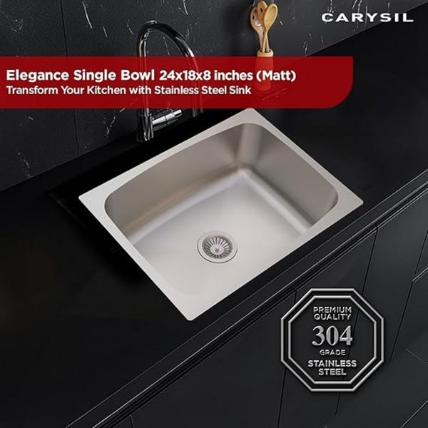 Carysil Elegance Series Single Bowl Kitchen Sink, Stainless Steel Kitchen Sink, 304 Stainless Steel Coupling, Noise Reduction Design, Deep Bowl with Sloping Drain, 24x18x8 inches, Matt Finish