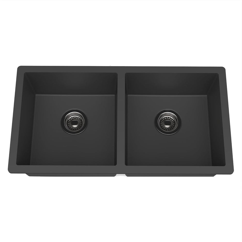 Carysil Quartz Dolce UK Series Double Bowl Kitchen Sink with 50 ml Cleaning Kit, Real Stone Finish, 304 Stainless Steel Coupling, Kitchen Sink with Sloping Drain, Noise Reduction Design, 34x18x8 inches, Pearl Black