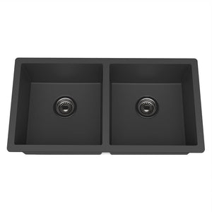 Carysil Quartz Dolce UK Series Double Bowl Kitchen Sink with 50 ml Cleaning Kit, Real Stone Finish, 304 Stainless Steel Coupling, Kitchen Sink with Sloping Drain, Noise Reduction Design, 34x18x8 inches, Pearl Black