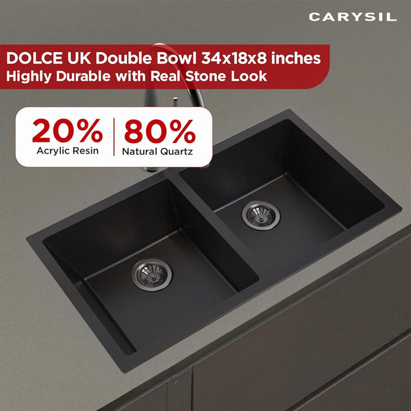 Carysil Quartz Dolce UK Series Double Bowl Kitchen Sink with 50 ml Cleaning Kit, Real Stone Finish, 304 Stainless Steel Coupling, Kitchen Sink with Sloping Drain, Noise Reduction Design, 34x18x8 inches, Pearl Black