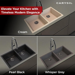 Carysil Quartz Dolce UK Series Double Bowl Kitchen Sink with 50 ml Cleaning Kit, Real Stone Finish, 304 Stainless Steel Coupling, Kitchen Sink with Sloping Drain, Noise Reduction Design, 34x18x8 inches, Pearl Black