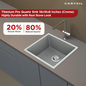 Carysil Quartz Titanium Pro Series Single Bowl Kitchen Sink, Real Stone Finish, 304 Stainless Steel Coupling, Kitchen Sink with Sloping Drain, Noise Reduction Design, 18x16x8 inches, Croma