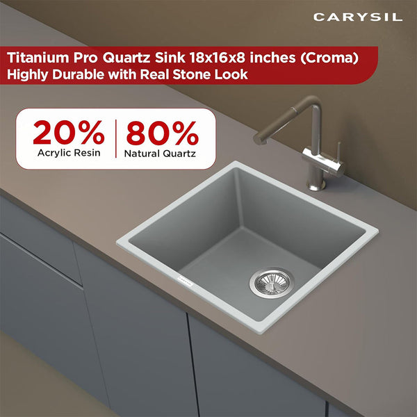 Carysil Quartz Titanium Pro Series Single Bowl Kitchen Sink, Real Stone Finish, 304 Stainless Steel Coupling, Kitchen Sink with Sloping Drain, Noise Reduction Design, 18x16x8 inches, Croma