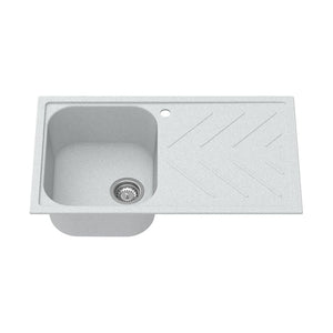 Carysil Quartz New Beethoven D 100 Single Bowl Kitchen Sink with Drainboard, Real Stone Finish, 304 Stainless Steel Coupling, Kitchen Sink with Sloping Drain, Noise Reduction Design, 34x20x8 inches, Whisper Grey