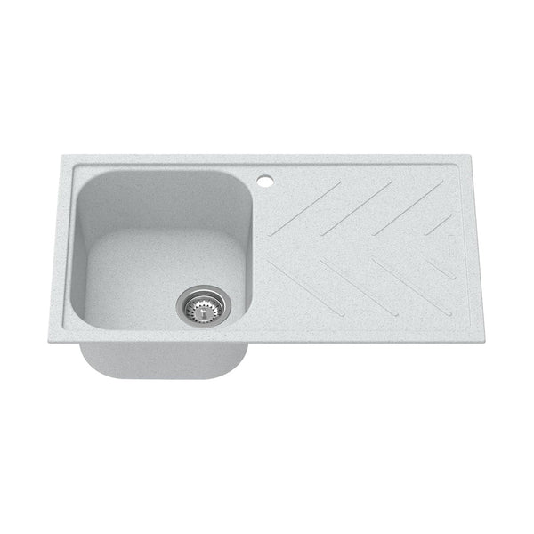 Carysil Quartz New Beethoven D 100 Single Bowl Kitchen Sink with Drainboard, Real Stone Finish, 304 Stainless Steel Coupling, Kitchen Sink with Sloping Drain, Noise Reduction Design, 34x20x8 inches, Whisper Grey