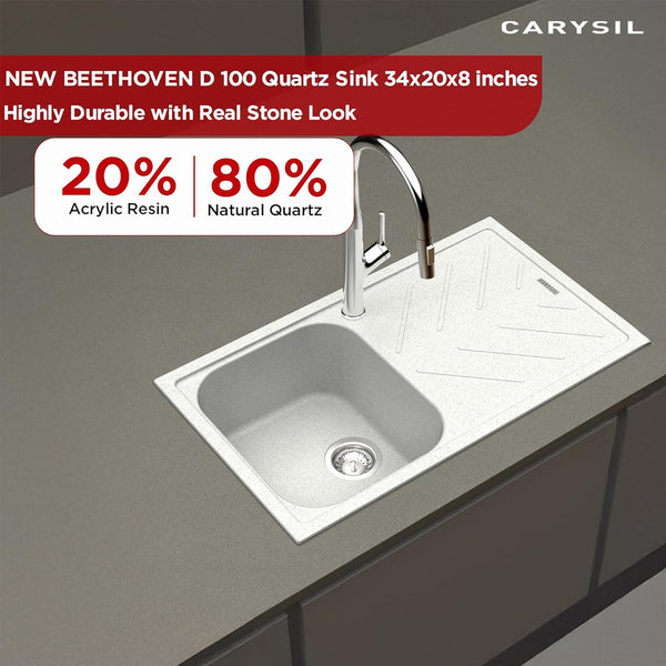 Carysil Quartz New Beethoven D 100 Single Bowl Kitchen Sink with Drainboard, Real Stone Finish, 304 Stainless Steel Coupling, Kitchen Sink with Sloping Drain, Noise Reduction Design, 34x20x8 inches, Whisper Grey