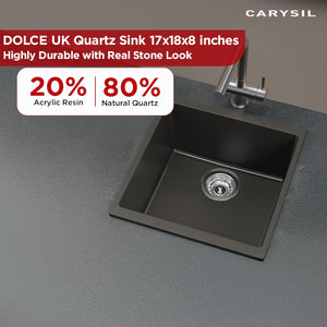 Carysil Quartz Dolce UK Series Single Bowl Kitchen Sink, Real Stone Finish, 304 Stainless Steel Coupling, Kitchen Sink with Sloping Drain, Noise Reduction Design, 17x18x8 inches, Pearl Black